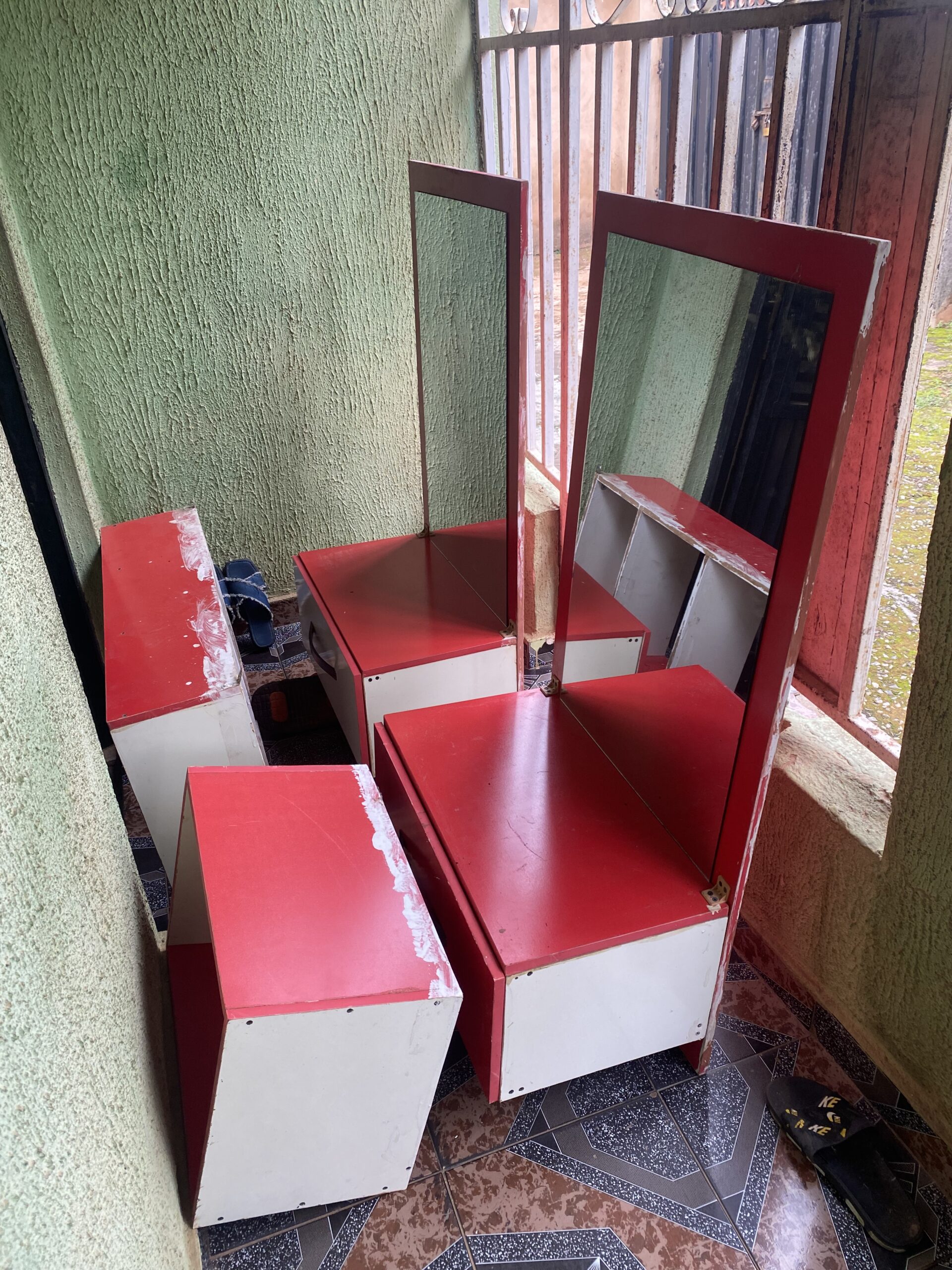 3 sitter couch, mirror stand and shelf